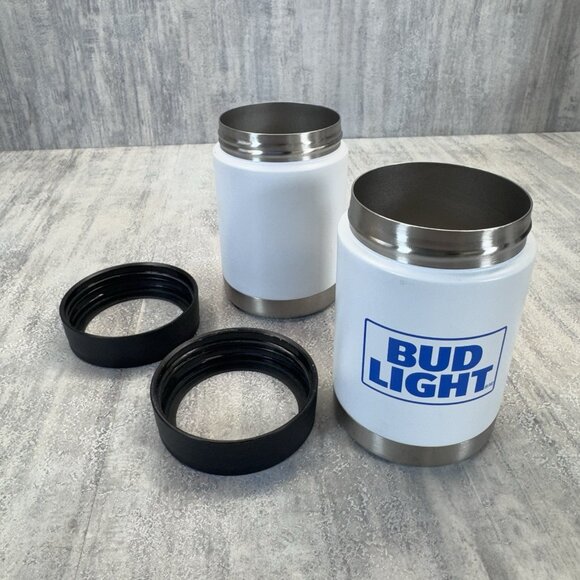 2 Bud Light Metal Koozie Coozie White Blue Beer Can Holder 5" Standard Can Size - Picture 4 of 6